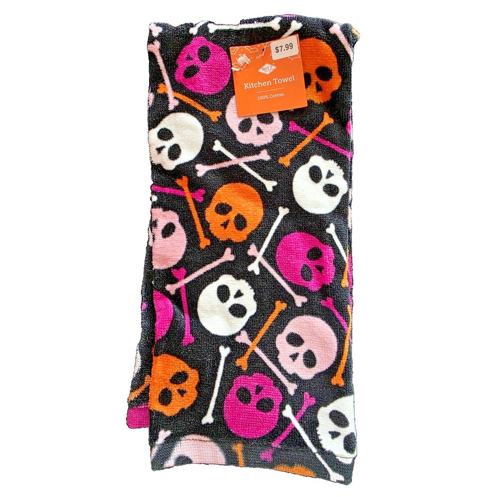 RITZ  Cotton SKULL CROSS BONES Kitchen Towels Halloween Orange/Black/purple New
